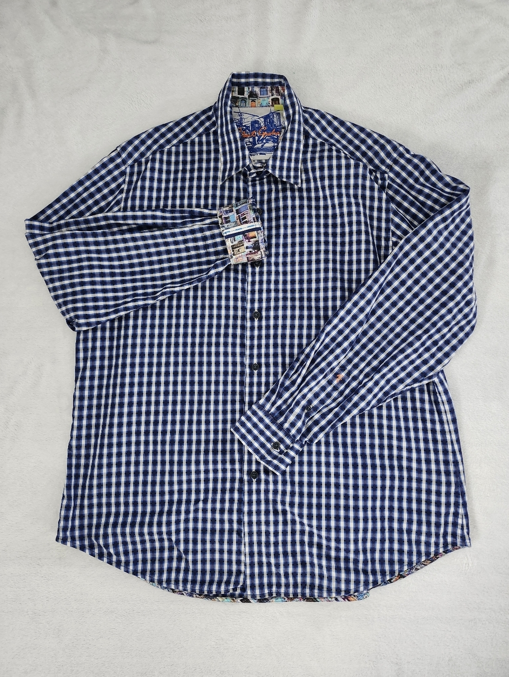 ROBERT GRAHAM Men's Classic Fit Shirt XL Blue Gingham Plaid Interior Print Cuffs - Picture 2 of 11